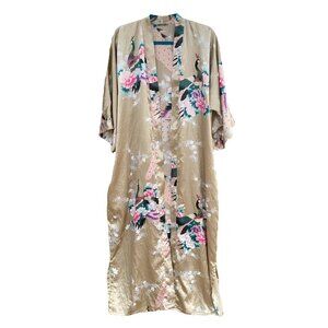 Peacock Kimono Bat Wing Sleeves Golden Beige Orchids Floral No Belt Size XL